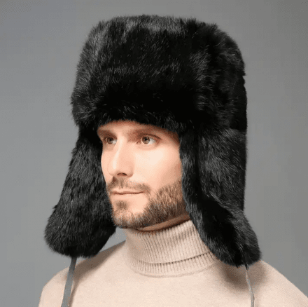 Winter Hat - Trapper Hat with Faux Fur (Black)
