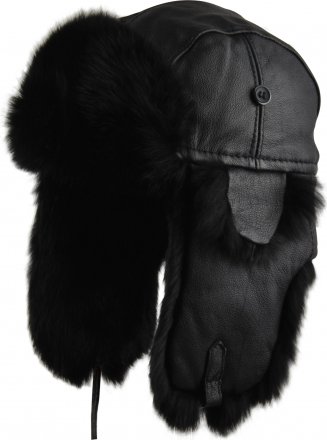 Winter Hat - MJM Trapper Hat Leather Rabbit Fur (Black)