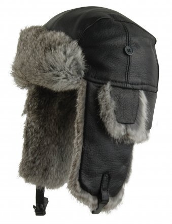 Winter Hat - MJM Trapper Hat Leather with Rabbit Fur (Black/Gre7)