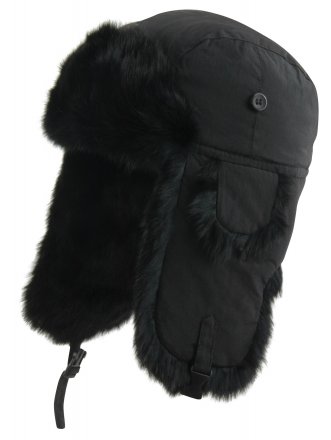 Winter Hat - MJM Trapper Hat Taslan with Rabbit Fur (Black/Black)