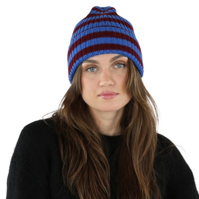 Beanies - Gårda Davos Striped Merino Wool Beanie (burgundy/blue)