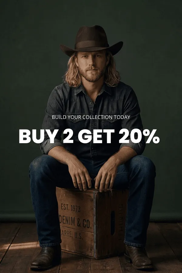 A man sits on a wooden crate in a studio wearing a classic brown felt cowboy hat with a wide brim, a dark denim shirt and jeans.
